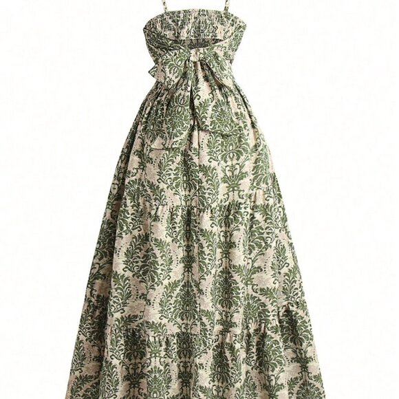 Multicolor Boho Women's Spaghetti Strap Leaf Print Ruffle Hem Maxi Slip Dress - Picture 2 of 7